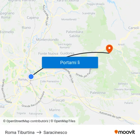 Roma Tiburtina to Saracinesco map