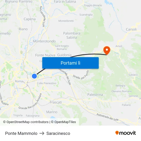 Ponte Mammolo to Saracinesco map