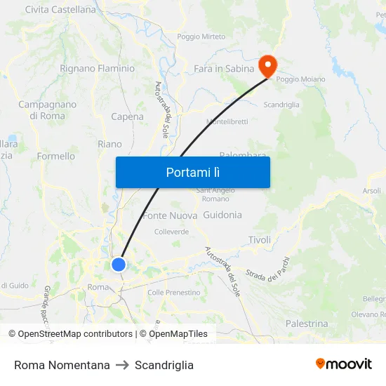 Roma Nomentana to Scandriglia map