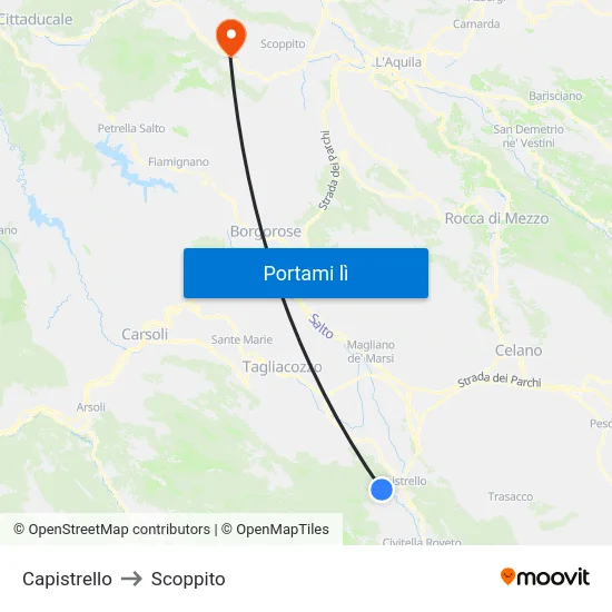 Capistrello to Scoppito map