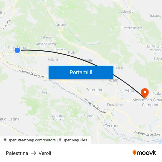 Palestrina to Veroli map