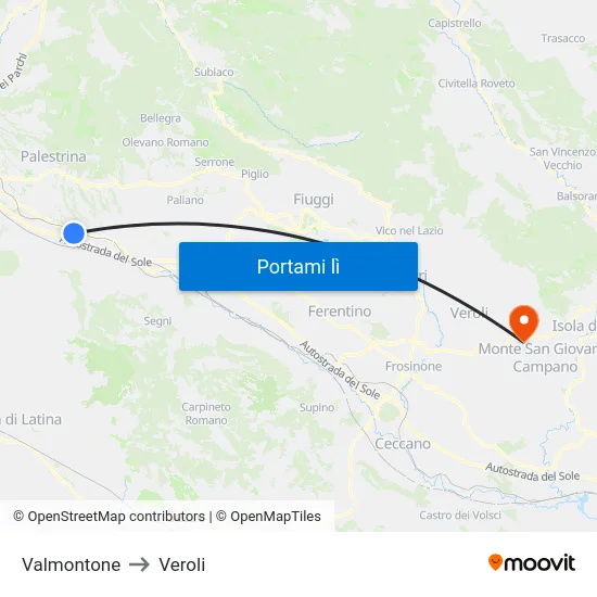 Valmontone to Veroli map