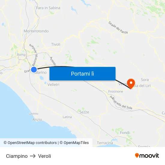 Ciampino to Veroli map