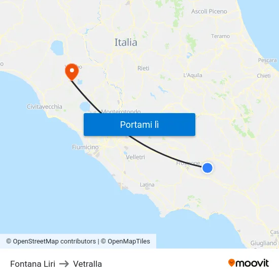 Fontana Liri to Vetralla map