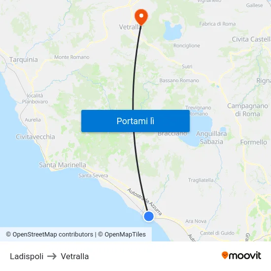 Ladispoli to Vetralla map
