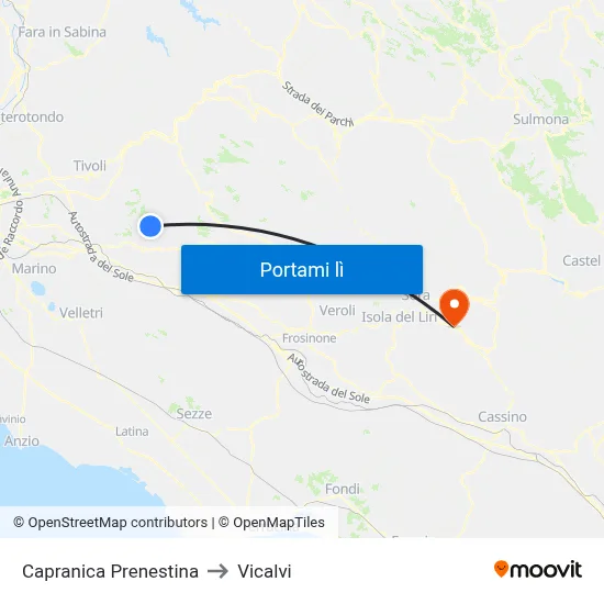 Capranica Prenestina to Vicalvi map
