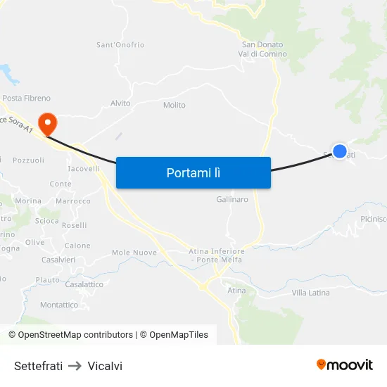 Settefrati to Vicalvi map
