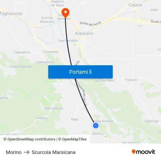 Morino to Scurcola Marsicana map