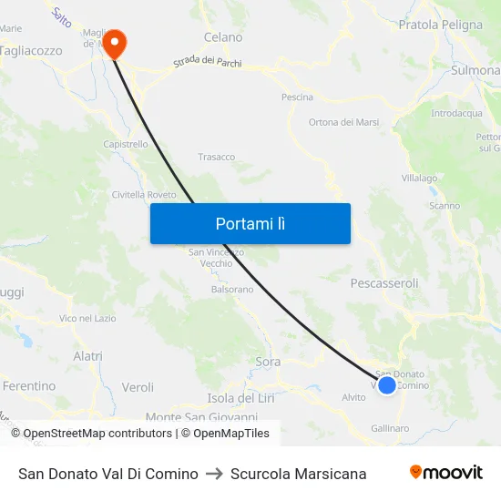 San Donato Val Di Comino to Scurcola Marsicana map