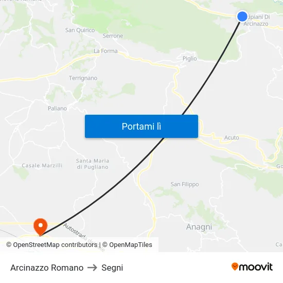 Arcinazzo Romano to Segni map