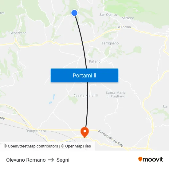 Olevano Romano to Segni map