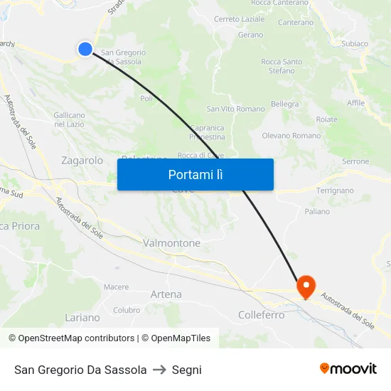San Gregorio Da Sassola to Segni map