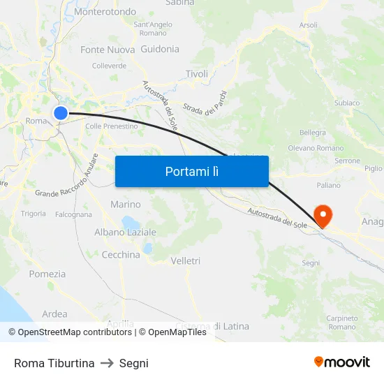 Roma Tiburtina to Segni map