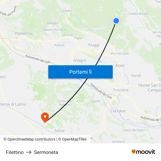 Filettino to Sermoneta map