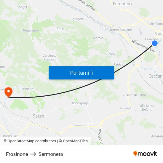 Frosinone to Sermoneta map