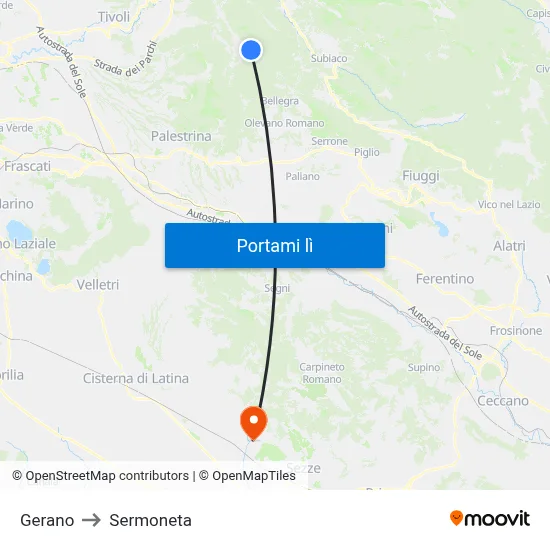 Gerano to Sermoneta map