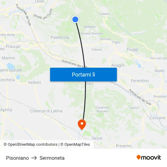 Pisoniano to Sermoneta map