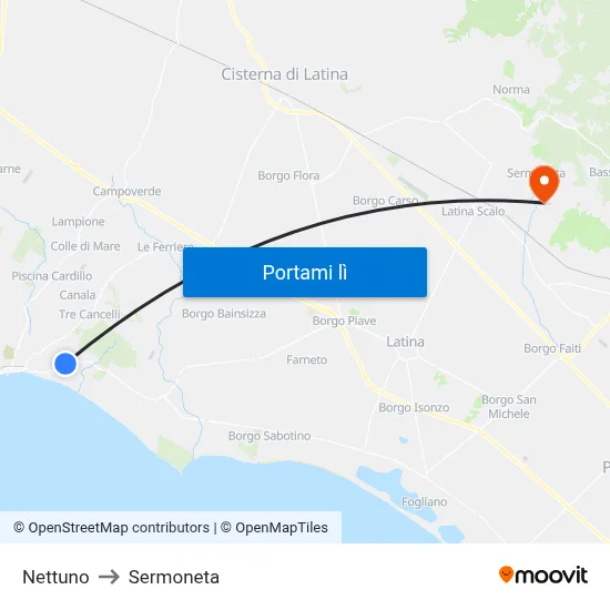 Nettuno to Sermoneta map