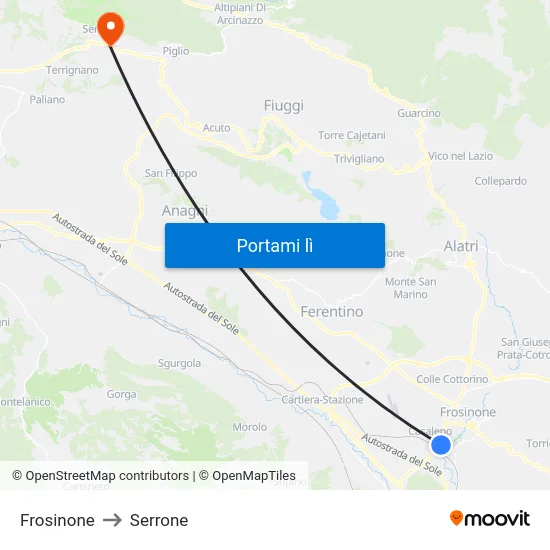 Frosinone to Serrone map