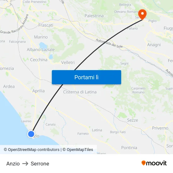 Anzio to Serrone map
