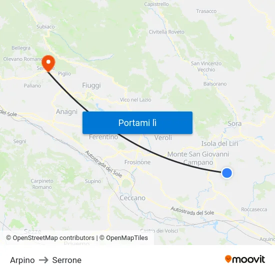 Arpino to Serrone map