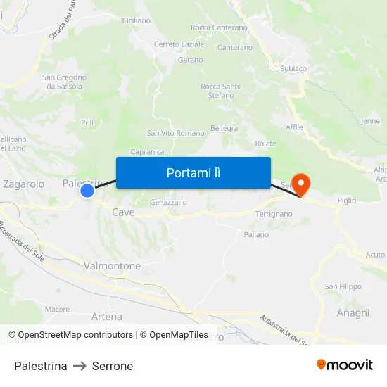 Palestrina to Serrone map