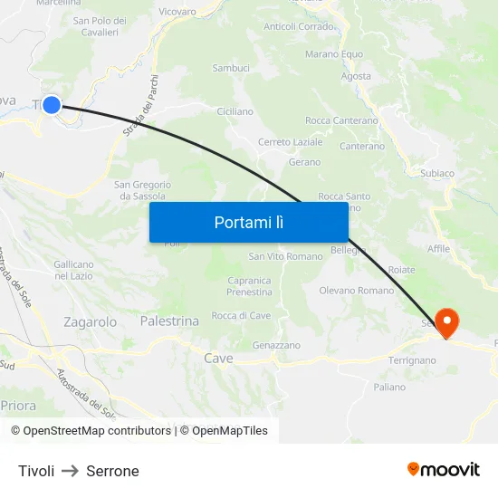 Tivoli to Serrone map
