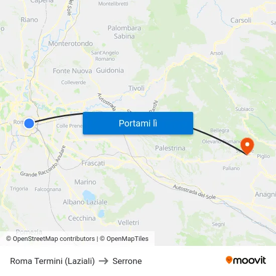 Roma Termini (Laziali) to Serrone map