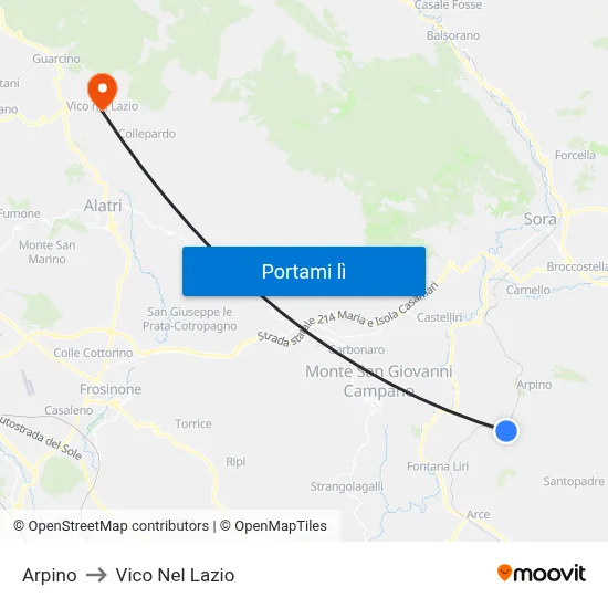 Arpino to Vico Nel Lazio map