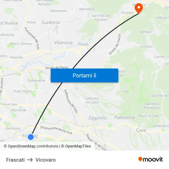 Frascati to Vicovaro map