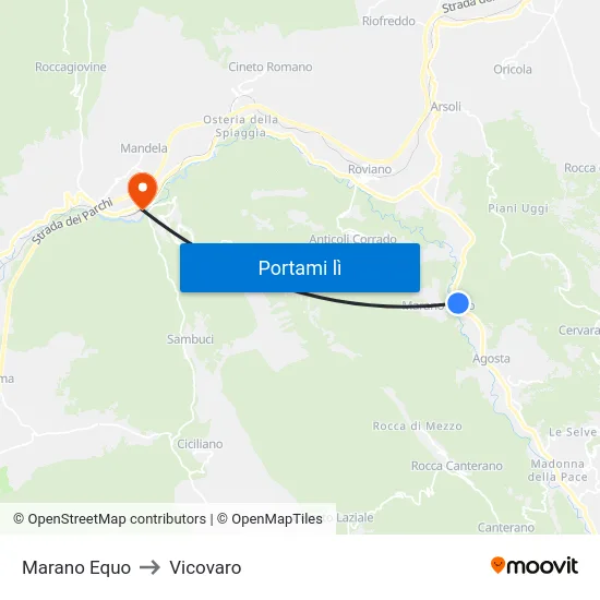 Marano Equo to Vicovaro map