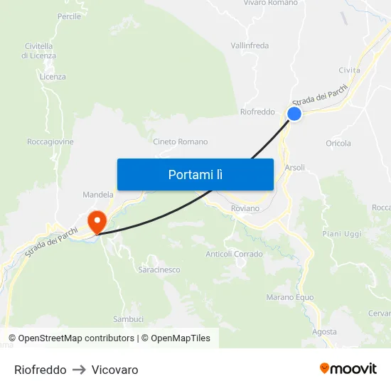 Riofreddo to Vicovaro map