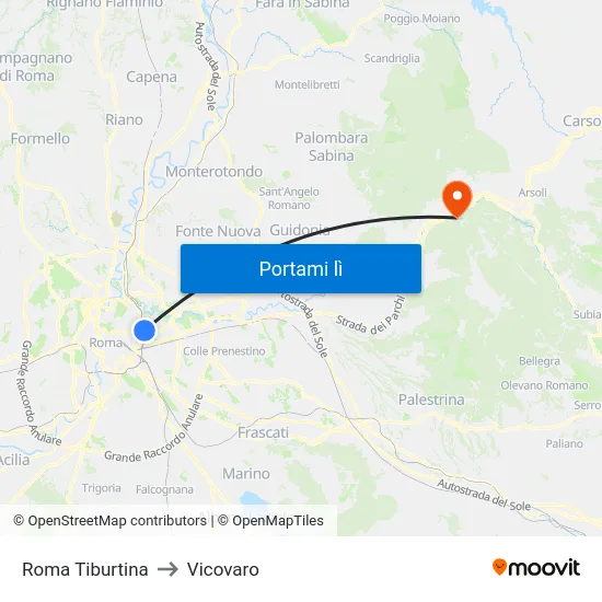 Roma Tiburtina to Vicovaro map