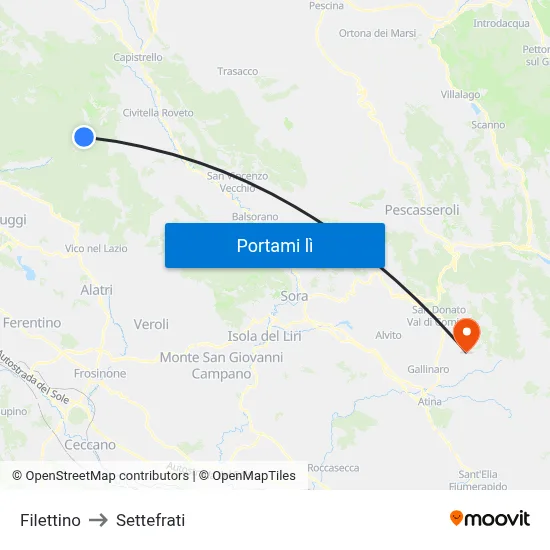 Filettino to Settefrati map