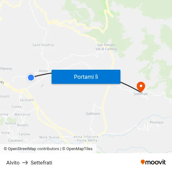 Alvito to Settefrati map