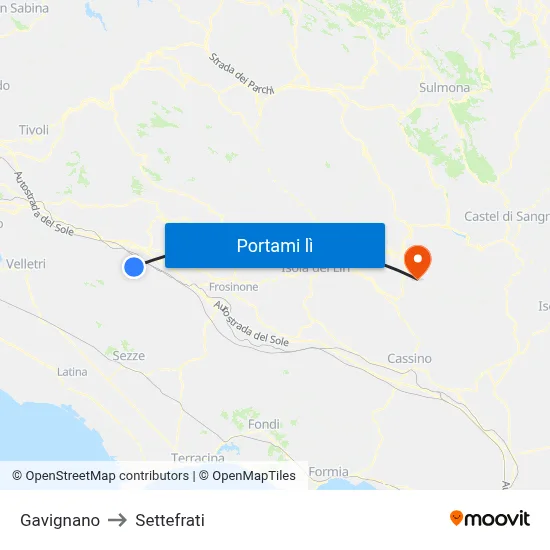 Gavignano to Settefrati map