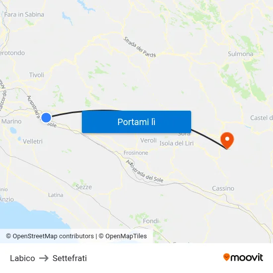 Labico to Settefrati map