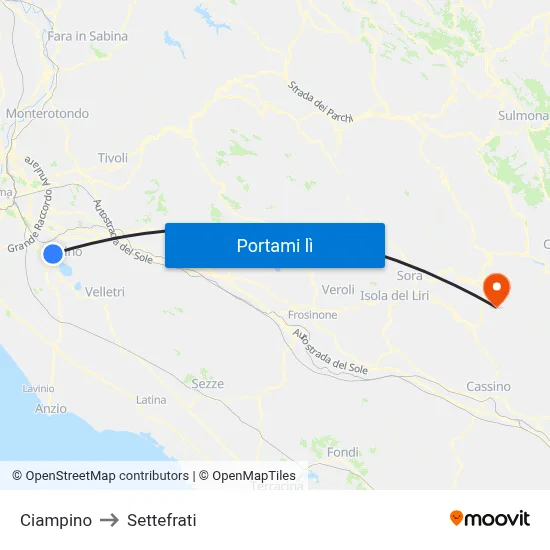 Ciampino to Settefrati map