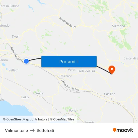 Valmontone to Settefrati map