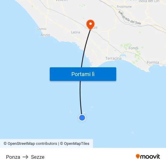 Ponza to Sezze map