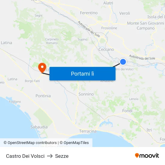 Castro Dei Volsci to Sezze map