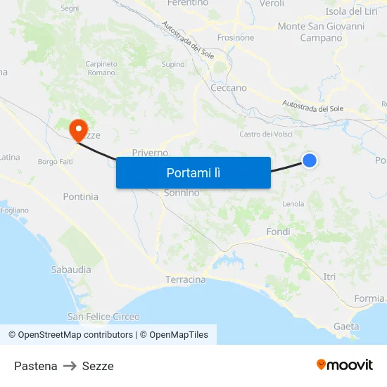 Pastena to Sezze map