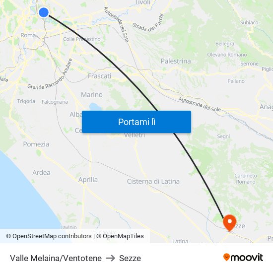 Valle Melaina/Ventotene to Sezze map