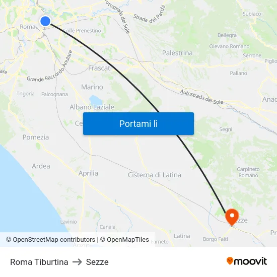 Roma Tiburtina to Sezze map