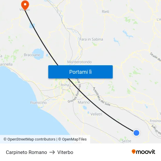 Carpineto Romano to Viterbo map