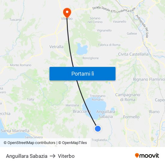 Anguillara Sabazia to Viterbo map