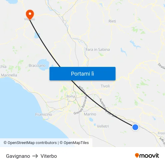 Gavignano to Viterbo map