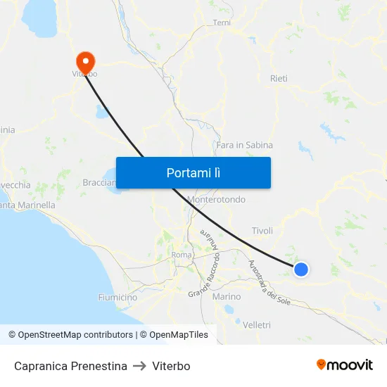 Capranica Prenestina to Viterbo map