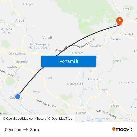Ceccano to Sora map