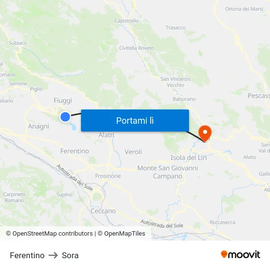 Ferentino to Sora map